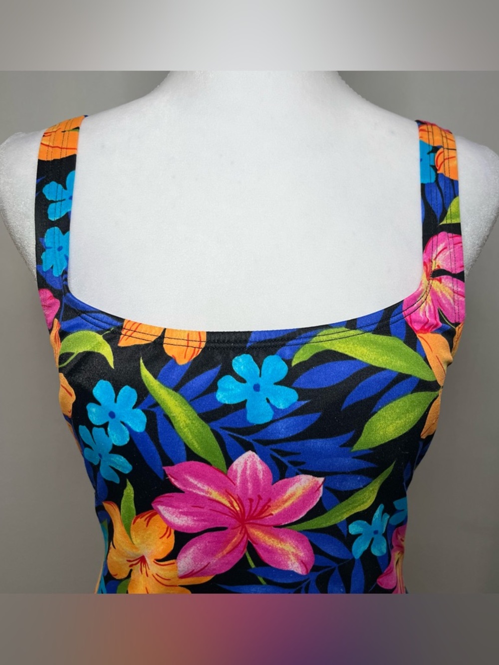 90’s Y2K Vintage Catalina Tropical Floral Print Tankini Swim Top Neon Women’s M - Picture 3 of 5